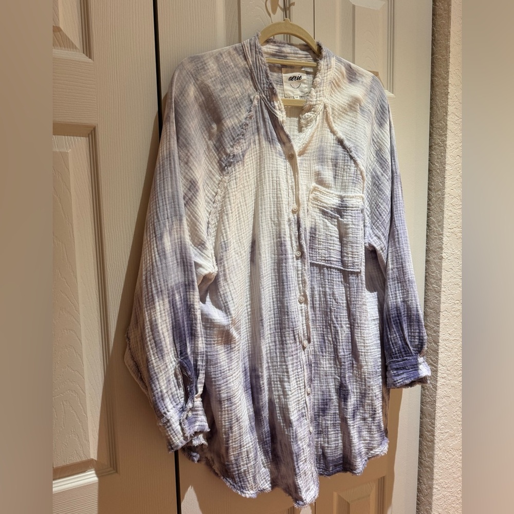 Aerie Waffle Knit Button Up Beach Coverup size S oversized indigo tie dye